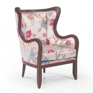Klasična fotelja sa drvenim okvirom u boji oraha, presvučena u materijal sa cvijetnim uzorkom. Može se naručiti u drugim bojama drva i drugim bojama materijala.